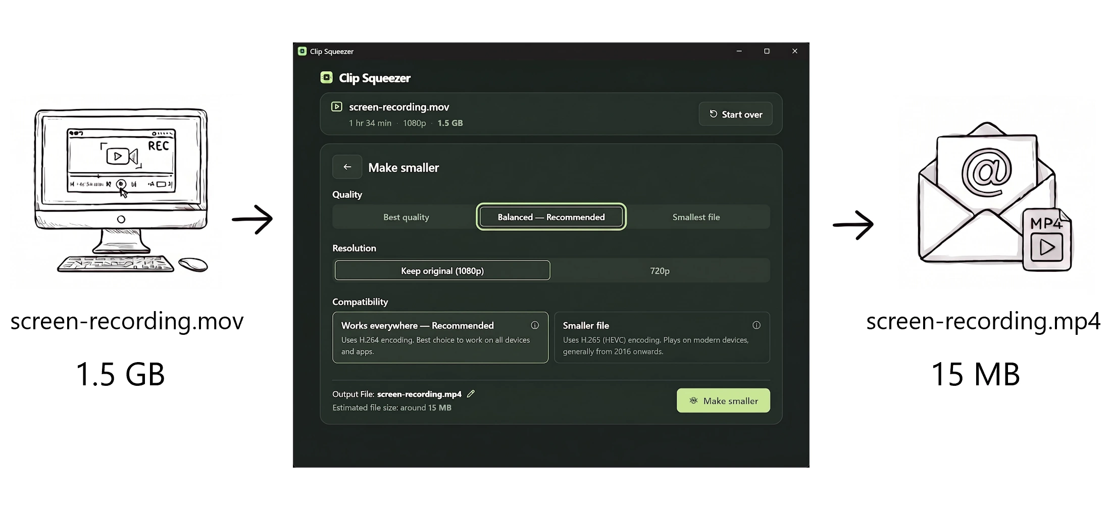Three-step Clip Squeezer workflow showing a large source video, compression choices, and a smaller result.
