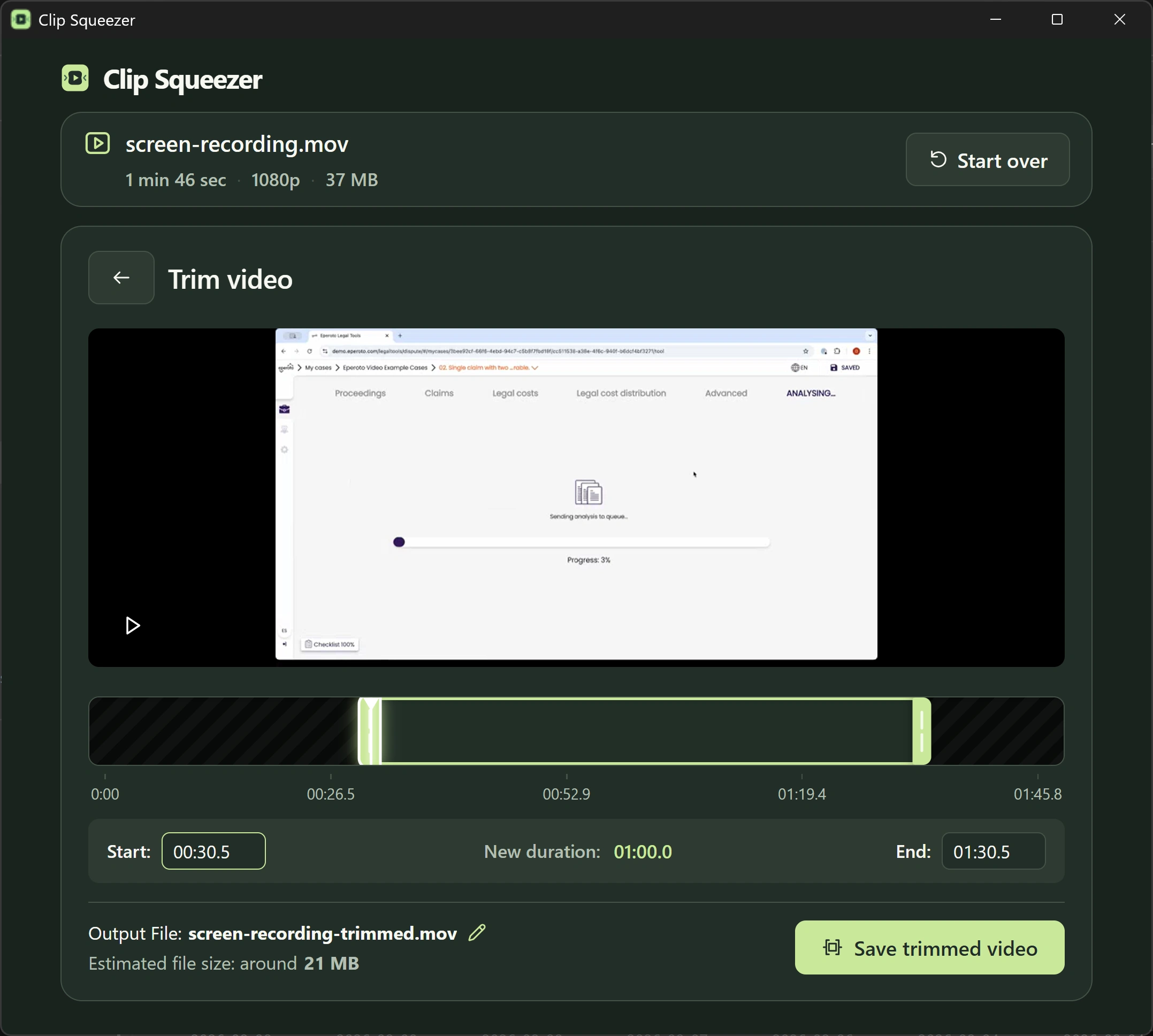 Clip Squeezer Trim screen with preview, timeline handles, and time controls.