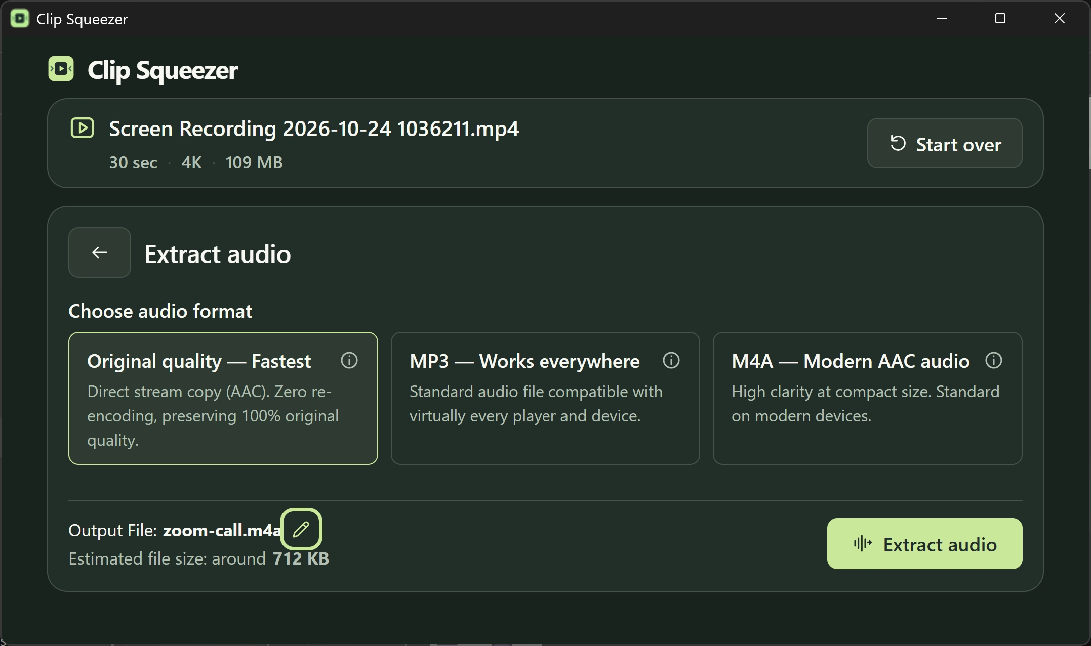Clip Squeezer Extract audio screen with Original quality, MP3, and M4A choices.